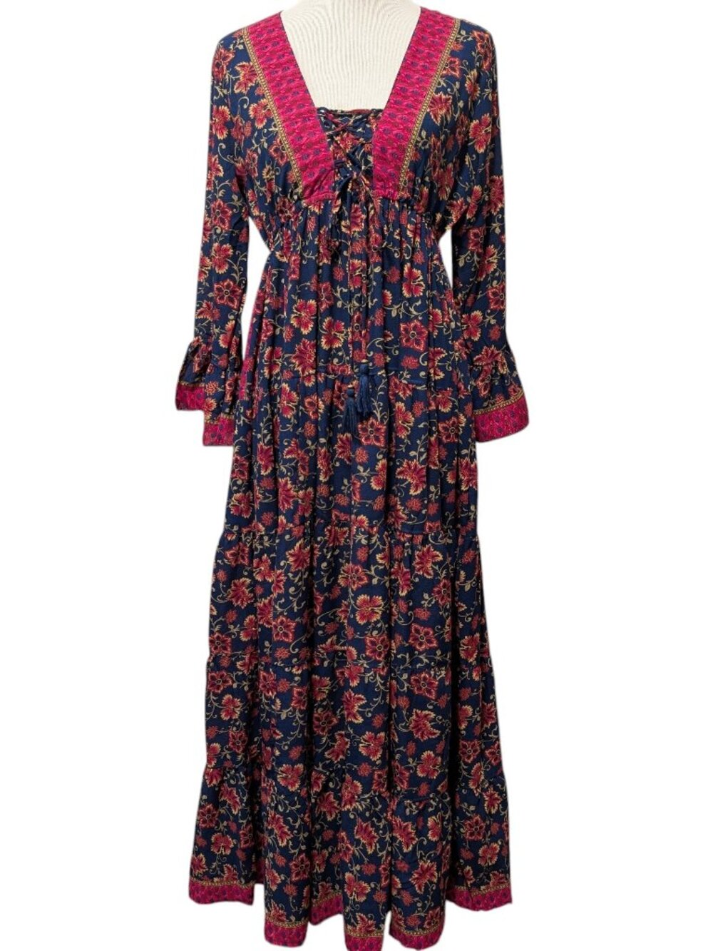 Boemo Womens Sz XL Blue Pink Floral Boho Peasant Bell Sleeves Tiered Maxi Dress